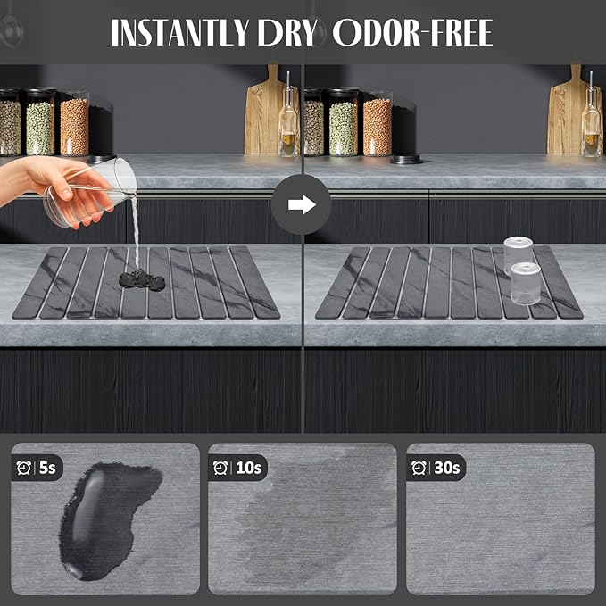 Large Stone Dish Drying Mats for Kitchen Counter, 24"(L)×16"(W) Marble-Pattern, Fast Drying Collapsible, Eco-Friendly Absorbent Diatomaceous Earth Mats, Match Any Countertop - Dark Grey