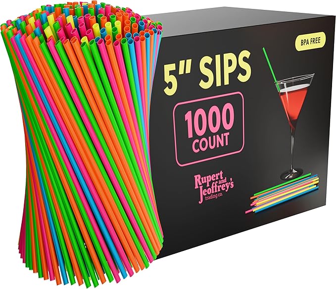 Disposable Plastic Coffee Stirrer Straw - 5 Inch Sip Stir Stick (1000, Neon)