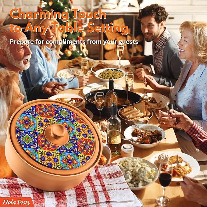 Authentic Terracotta Tortilla Warmer w Decorative Lid, Mexican Terra Cotta Tortillas Holder w Warmer Cloth, Traditional Clay Tortilla Container Heater & Tortillero - Mediterranean Talavera