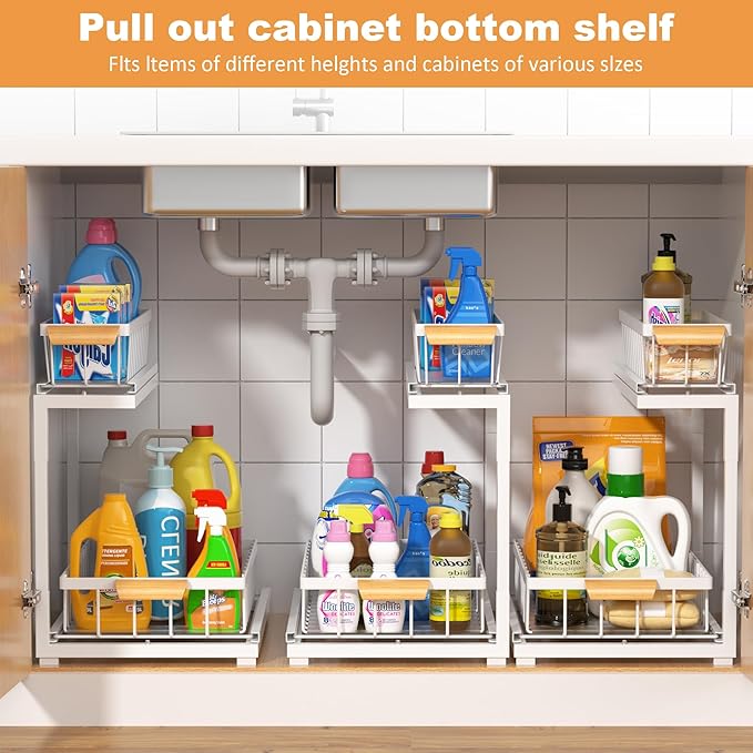 Under Sink Cabinet Organizer, 2-Tier Pull Out Storage Shelves, Adjustable Bathroom Kitchen Drawer (White, 2-Pack)