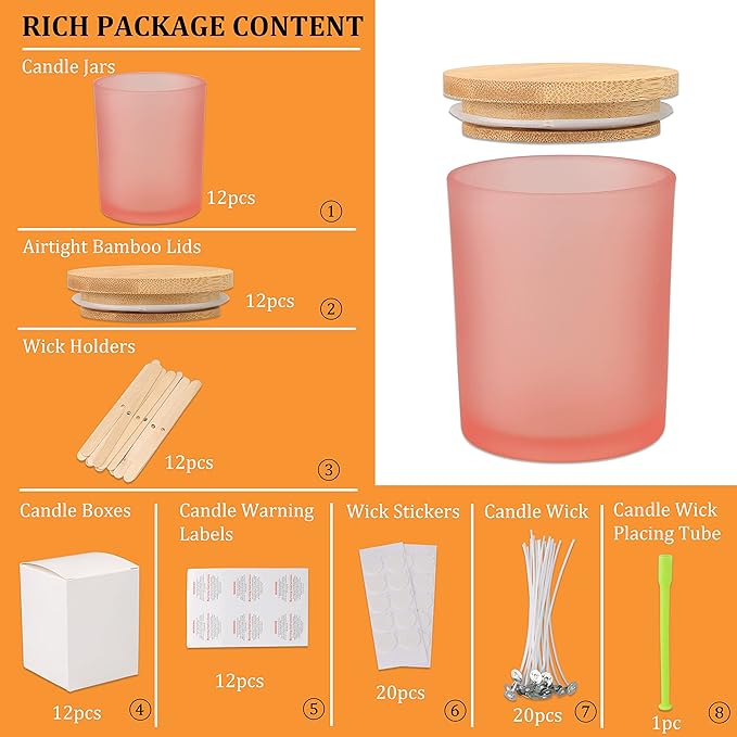 MILIVIXAY 12 Pack 7 OZ Frosted Pink Glass Candle Jars with Lids and Candle Making Kits - Bulk Empty Candle Jars for Making Candles - Spice, Powder Containers.