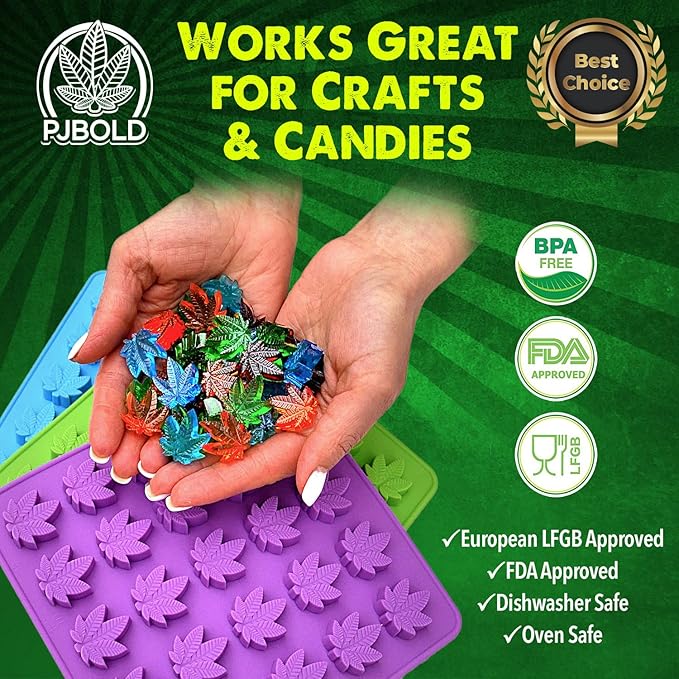 PJ BOLD Marijuana Leaf Gummy Molds Silicone Candy Mold Kit - 3 Pack
