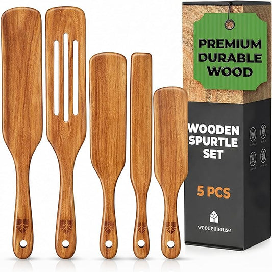 Spurtle Set, Teak Spurtle Spatula Set of 5 - Spurtles Kitchen Tools Wooden – Non Stick Cookware for Serving, Stirring, Mixing, Scraping, Scooping By Woodenhouse