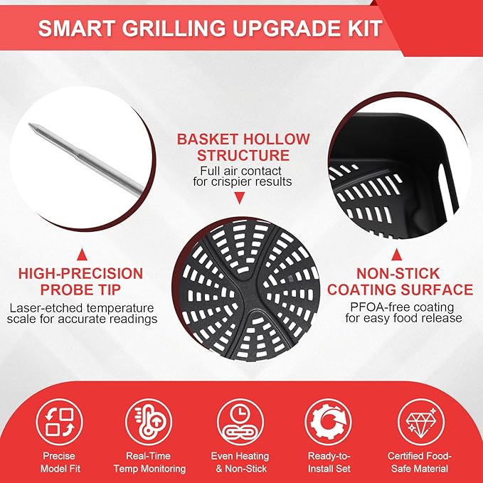 Foodi XL Grill Combo Crisper Basket & Meat Probe Kit for Ninja FG551/FG550 Foodi XL Grill, Non-Stick Air Fryer Basket for Ninja Foodi Smart XL DG551/DG651 Accessories, with Smart Thermometer Probe