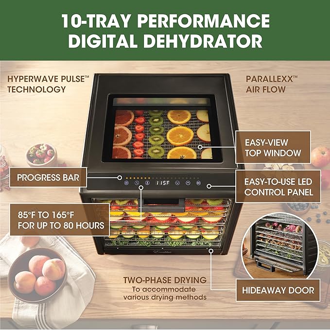 Excalibur Electric Food Dehydrator Performance Series 10-Tray with Adjustable Temperature Control Includes Stainless Steel Drying Trays Glass Door Top View Window and LED Display Progress Bar, Black