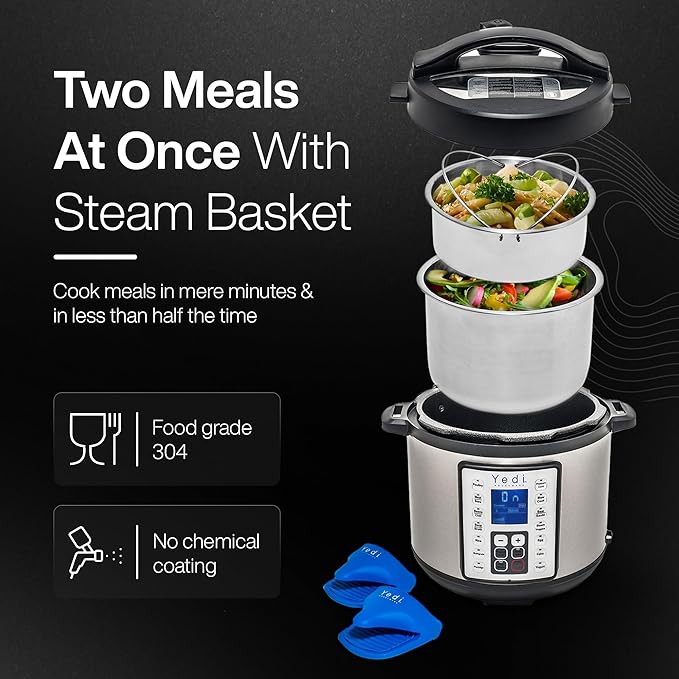 Yedi Houseware Total Package Pressure Cooker- 9-in-1 Digital Screen with Endless Recipes and Deluxe Accessory Kit Stainless Steel 6 Litres