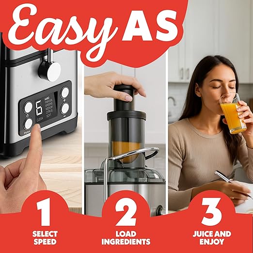 Gourmia 6 Speed Digital Juice Extractor -Extra-Wide Chute, Pulse Mode, Self-Clean Cycle, 36 oz Pitcher, Pulp Container & Cleaning Brush, Stainless Steel