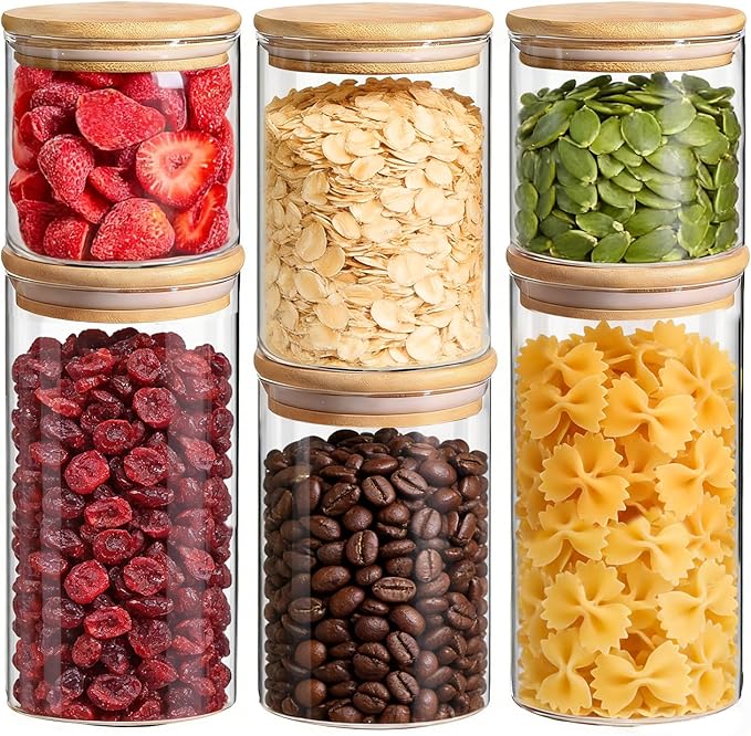 ComSaf Glass Storage Containers with Lids (0.6qt/1qt/1.5qt) Set of 6,Glass Pantry Storage Containers with Airtight Lid & lables for Dry Food, Snacks, Nuts, Stackable for Kitchen, Pantry Organization