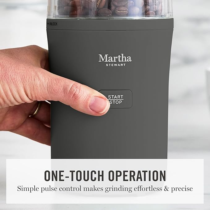 Martha Stewart Electric Coffee & Spice Grinder, Dual 2.5oz Removable Bowls, Storage Lids, Stainless Steel Blades, One Touch Pulse Control, 2-in-1 Compact, Beans & Spices, Herbs & Nuts, Caviar Gray