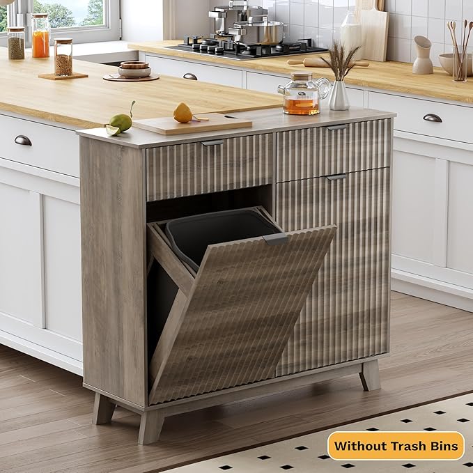 Double Tilt Out Laundry Hamper Cabinet, 20 Gallon Wooden Trash Can Cabinet with Drawers, Hidden Fluted Bathroom Storage Cabinet for Kitchen, Living Room (Wood Grey, 39.34"W x 35.83"H x 13"D)