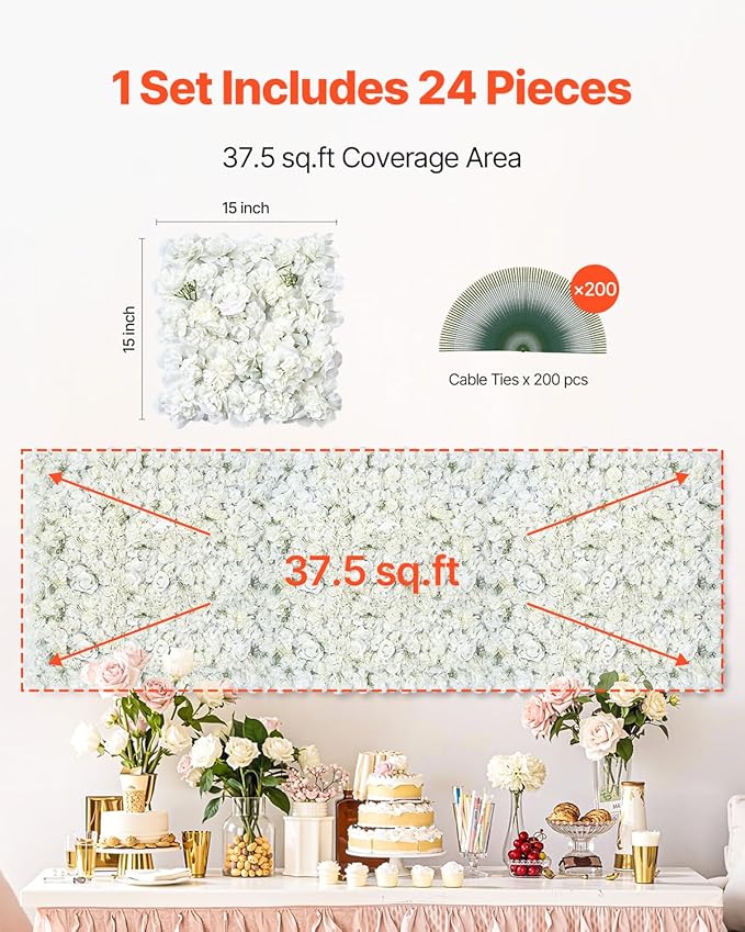 VEVOR 3D Flower Wall Panel, 24 PCS 15 x 15 inch, Artificial Floral Wall Background Mesh Backing Mat,Seamless Design&Easy Installation for Wedding Valentines Day Home Baby Party Backdrop Decor,White