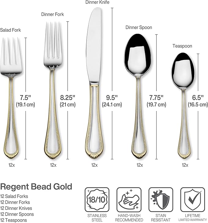 Mikasa, Gold Accent Regent Bead Flatware Service for 12, 65 Piece Set, 18/10 Stainless Steel, Silverware Set with Serving Utensils
