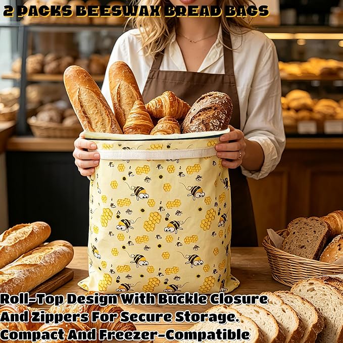 2 Packs Reusable Beeswax Bread Bags for Freezer & Refrigerator, XL 17x13 Inch with Zippers,Natural Beeswax-Lined Cotton Storage Bags Airtight -The Perfect Freshness Keeper for Homemade Sourdough