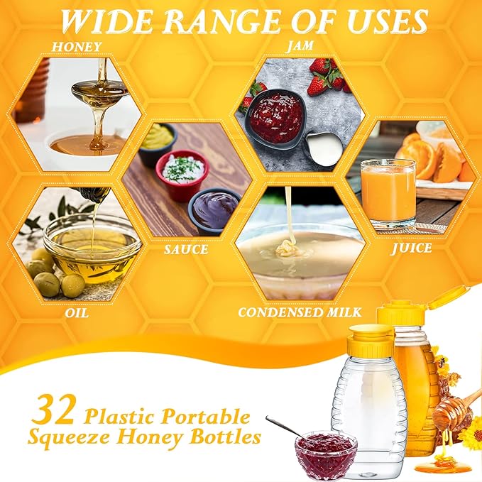 Eccliy 32 Pcs 8.8 oz Clear Plastic Honey Jar Empty Honey Bottles with Caps Refillable Containers Leakproof Squeeze Bottle Container Holder with Flip Lid for Storing(Yellow)