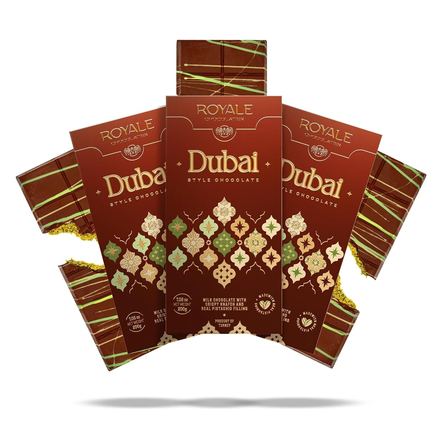 Royale Chocolatier Dubai Chocolate Bar | Large 200g Size | Grade-A Pistachio and Knafeh | Gooey Filling | Cocoa Butter Milk Chocolate With White Chocolate Drizzle | No Preservatives or Artificial Coloring