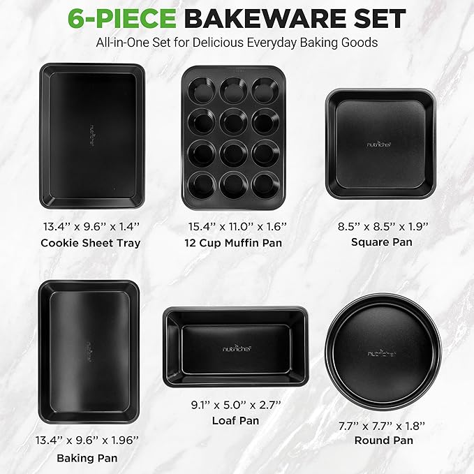 NutriChef Stackable Non-Stick Baking Pan Set – Carbon Steel Bakeware Set w/ Cookie Sheet, Muffin & Loaf Pan, Double Coated for Easy Release, Oven & Dishwasher Safe, Resists Warping, – Easy to Clean