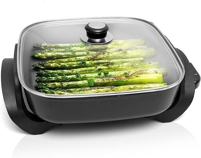 Moss & Stone Square Nonstick Electric Skillet With Lid, Aluminum 12x12 Inch Electric Frying Pan 5Qt, Nonstick Cooking Surface, Adjustable Temperature Control, Vented Glass Lid, Heat-Resistant Handle