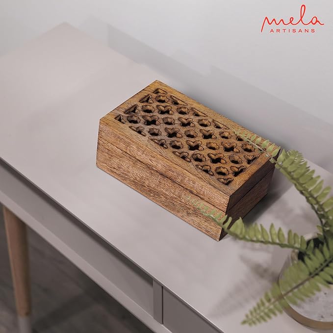 Mela Artisans Medium Burnt Wooden Keepsake Box | Handmade Decorative storage box for Jewelry, Photos & Letters | Trinket Storage Box with Hinged Lid |Medium | Trellis Design | 7.5 x 4.5 x 3