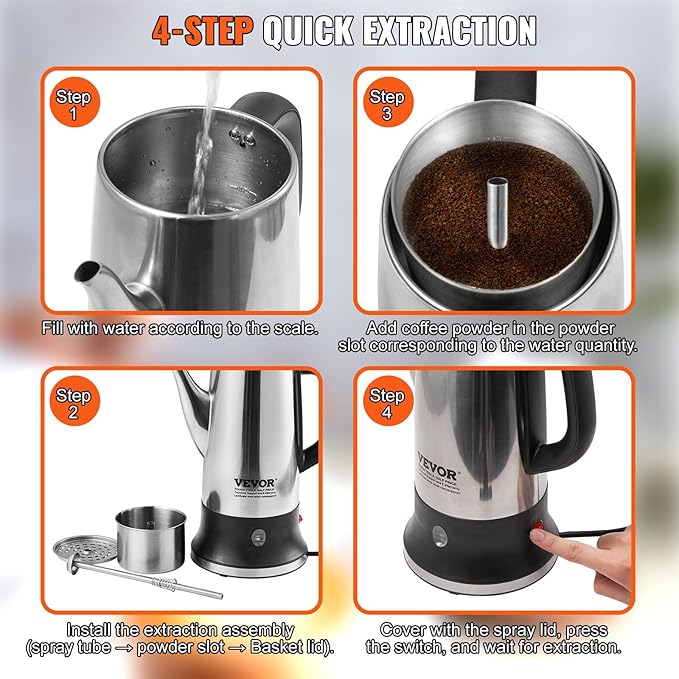 VEVOR 12-Cup Electric Percolator Coffee Pot, 304 Stainless Steel Body Coffee Percolator with Keep Warm Function & Heat-Resistant Handle, Classic Coffee Maker, Quick Brew & Easy-Pour Spout, Silver