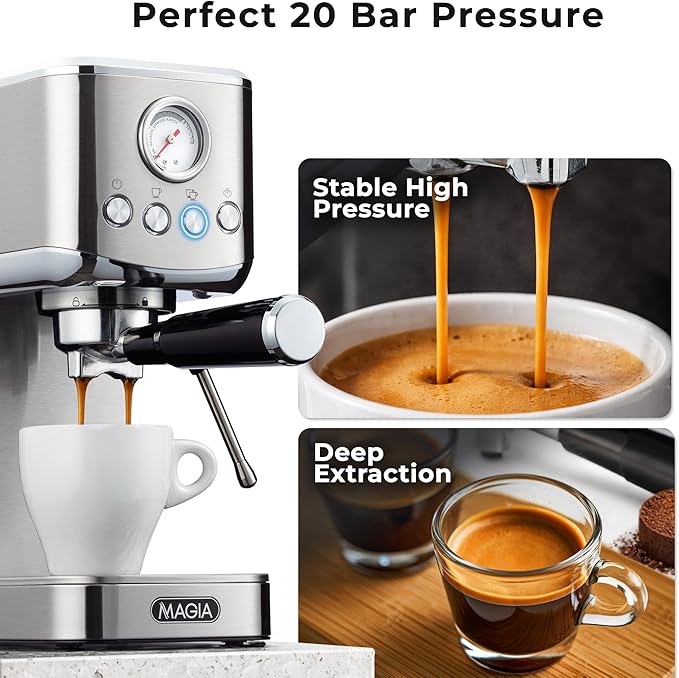 Zulay Kitchen Magia Compact Espresso Machine – 20 Bar Coffee Maker with Milk Frother Steam Wand, Latte & Cappuccino Maker, 1350W Fast Heating, 40oz Removable Water Tank, Stainless Steel – Silver