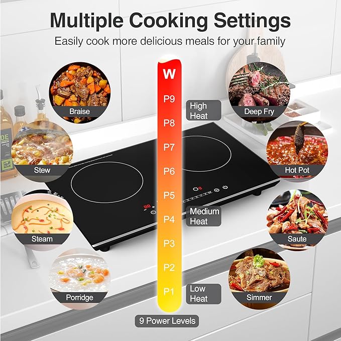 VBGK Double Induction Cooktop,4000W 2 burner induction cooktop,110V Hot Plate Electric Burner Portable Induction cooktop 2 burner with LCD Touch Screen 9 Levels Settings Child Safety Lock & Timer