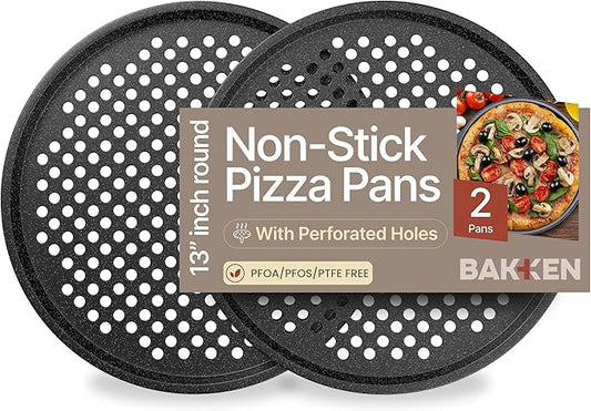 Bakken Pizza Baking Pan - Round Perforated Carbon Steel Pan with Non-Stick Marble Coating, Oversized Silicone Handle, Dishwasher Safe, High-Temperature Resistant, Durable & Easy Cleanup Gray, 2 Pack