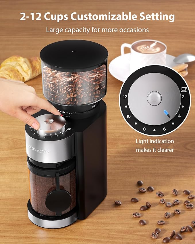 Aromaster Conical Burr Coffee Grinder with 25 Grind Settings,Adjustable 2-12 Cups Timer,Coffee Bean Grinder,3-Ear Portafilter Holder, Anti-static Design,Cleaning Brush Included,Black