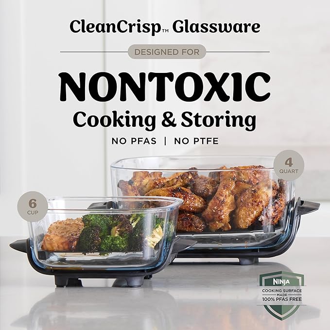 Ninja Crispi 4-in-1 Glass Air Fryer | 450°F | Non-Toxic | 4QT & 6-Cup Glass Containers w/Lids | Microwave, Freezer, Dishwasher Safe | Max Crisp, Air Fry, Bake, Recrisp | Stone | FN101ST