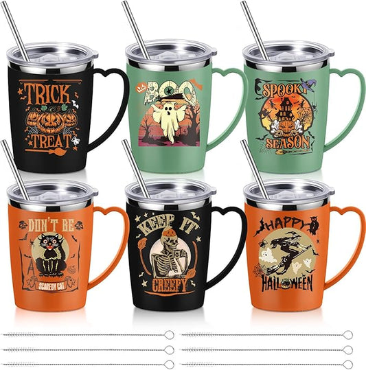 6 Pcs Halloween Coffee Mugs Cups 16 oz Halloween Stainless Steel Insulated Tumblers Bulk with Handle Lid Straw Brushes Spooky Ghost Face Monster Black Cat Mugs Trick or Treat Gifts