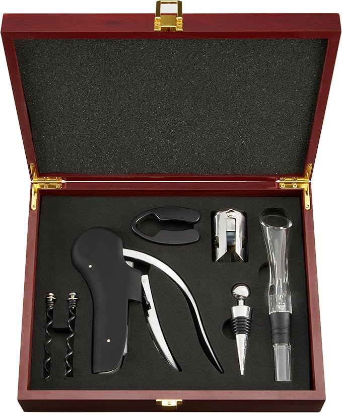 True Wine Tools Set with Cherry Stained Wooden Gift Box, Includes Lever Corkscrew, Foil Cutter, Aerator Pourer, 2 Worms, Chrome Bottle and Champagne Stopper, Home Bar Accessories, 7 Piece
