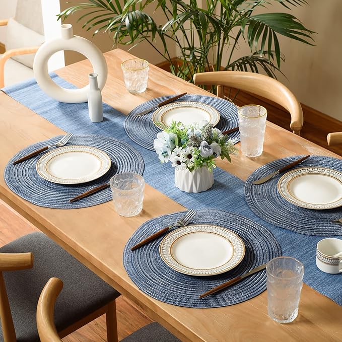 FunWheat Round Braided Placemats Set of 8 Place mats for Dining Tables Woven Heat Resistant Table Mats 15 inch(E Klein Blue, 8pcs)