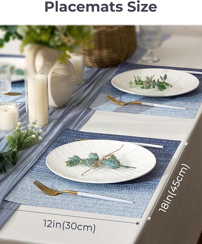 Leetaltree Gradient Blue Woven Placemats Set of 12 - Heat Resistant Non-Slip Place mats for Dining Table, Washable Durable PVC Vinyl Woven Table Mats(Gradient Blue, 12)