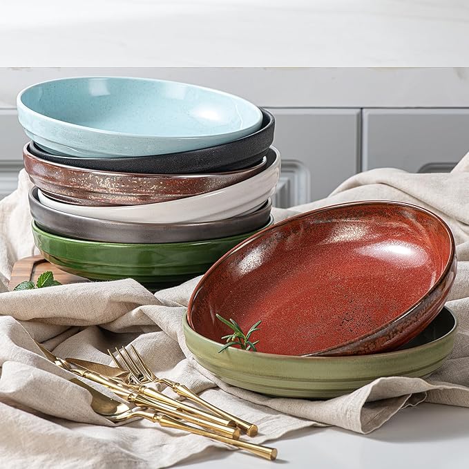 HAPPY KIT Stoneware Pasta Bowl Set of 4, 9'' Large Salad Bowls,42 Oz, Reactive Glaze Serving Bowls, Microwave Dishwasher Safe, Ocean Current Blue