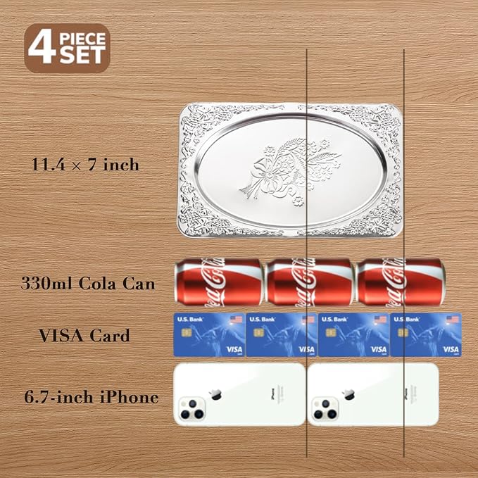 Elegant Dining Hosting Bundle: 4-Pack Vintage Floral Silver Serving Trays (11.4" x 7") & 20-Piece Hammered Silverware Set for 4, Premium Stainless Steel Party Platters and Lava Texture Cutlery Set