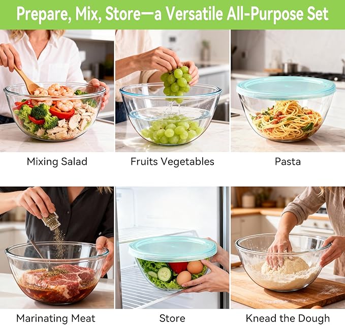 YUANYE 4 Pack Glass Mixing Bowls with Lids Set (3/1.7/0.9/0.6QT),Thick Glass Large Salad Bowl Set, Nesting Kitchen Bowls for Serving, Prepping, Cooking and Baking, Dishwasher, Oven,Microwave Safe