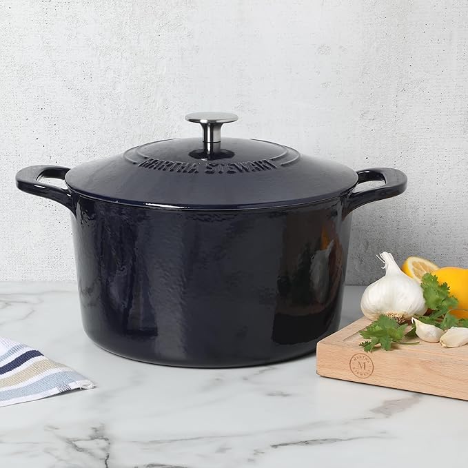 Martha Stewart Gatwick 7 QT Enamel Cast Iron Dutch Oven – Navy Blue, Heavy-Duty Durable Dutch Oven for Slow Cooking, Braising, and Baking