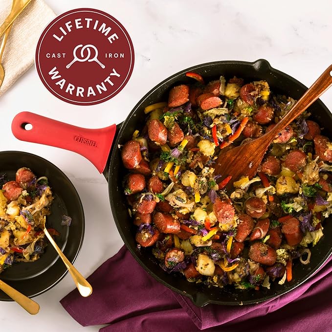 Cuisinel 15" Cast Iron Skillet + Glass Lid Cover + Pan Scraper + Heat-Resistant Silicone Handle Grip - Pre-seasoned Oven-Safe Kitchen Cookware - Indoor/Outdoor - Camping, Grilling, BBQ, Oven Safe