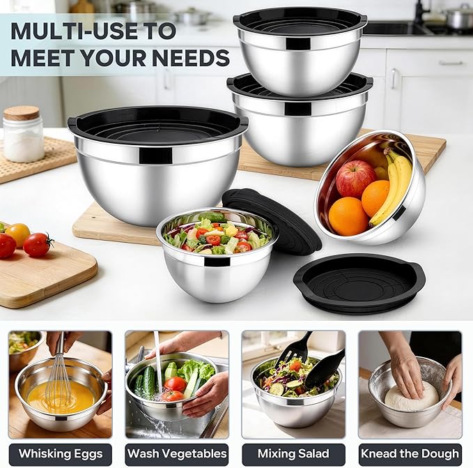 E-far Mixing Bowls With Lids Sets of 5, 10-Piece Stainless Steel Salad Metal Nesting Bowl for Baking Cooking and Prepping, Airtight Lid & Stackable Design, Size 4.6, 3, 2.1, 1.5, 0.7 QT, Black