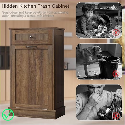 KIGOTY Tilt Out Trash Can Cabinet Trash Bin Cabinet with Hideaway Drawer Hidden Wooden Kitchen Garbage Can, Pet Proof Trash Can Holder for Kitchen (Brown)