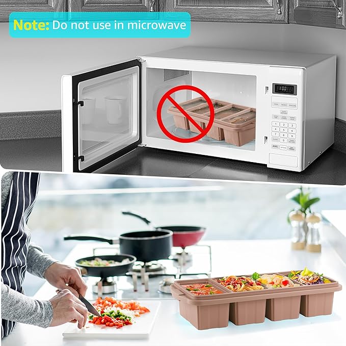Ztomine Silicone Freezer Tray With Lid - Silicone Freezer Food Molds- Large Ice Cube Tray,Silicone Freezer Container,Freeze & Store Soup, Sauce, Broth,Leftovers - Makes 4 Perfect 1 Cup