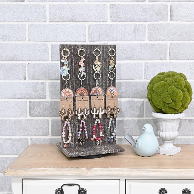 Ikee Design Wooden Rotating Two-Sided Jewelry Display Stand, Rotating Organizer with 32 Hooks for Store, Earring Keychain Display with Hooks, Coffee color, 9 W x 7.5 D x 16.5 H in