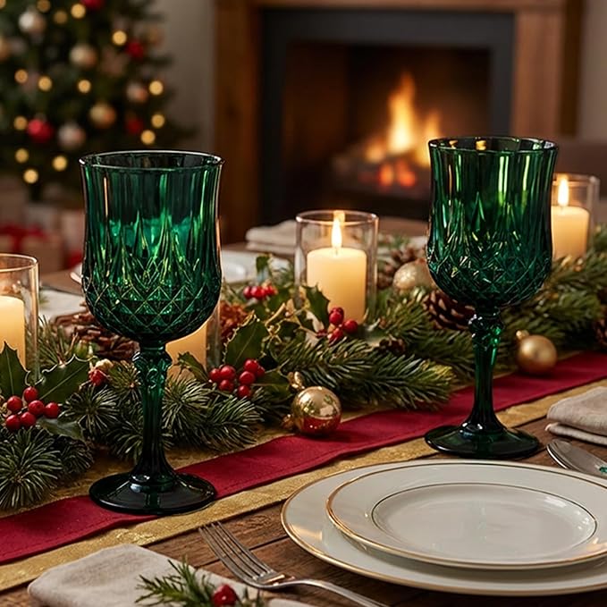 Plastic Wine Glasses, Plastic Goblets Vintage Style Cordial Unbreakable Drinking Glasses, Reusable Drinkware for Wedding Reception, Grand Event Party Supplies (48, Green)