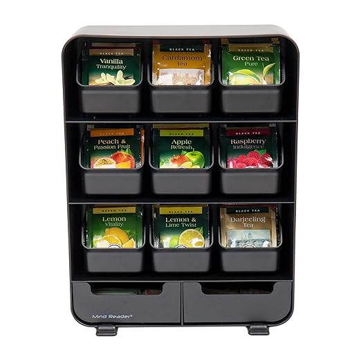 Mind Reader Tea Bag Organizer, Tea Station Organizer, Countertop Storage, Kitchen, Plastic, 10.25"L x 3.25"W x 13.75"H, Black
