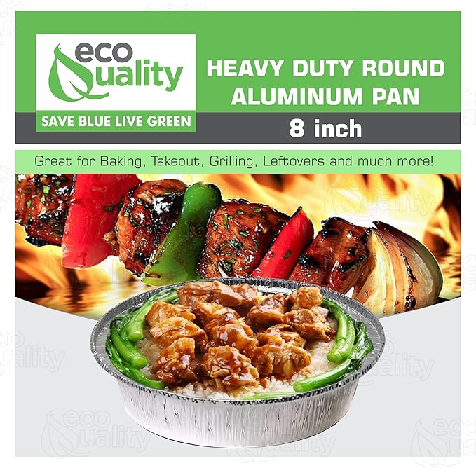 EcoQuality 8" Round Aluminum Foil Pans - Disposable Containers with Foldable Walls for Pie Baking, Cooking, Serving, Reheating, and Storing - Freezer and Oven Safe Tart Pan 100 Pack