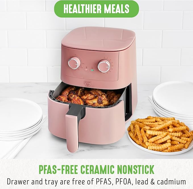 GreenLife 4.5QT Air Fryer, Mechanical Dial Controls, PFAS-Free Ceramic Nonstick Drawer, Adjustable Temp & Timer, LED Indicator, Oil-Less Cooking, Dishwasher Safe, Compact Family Size, Pink