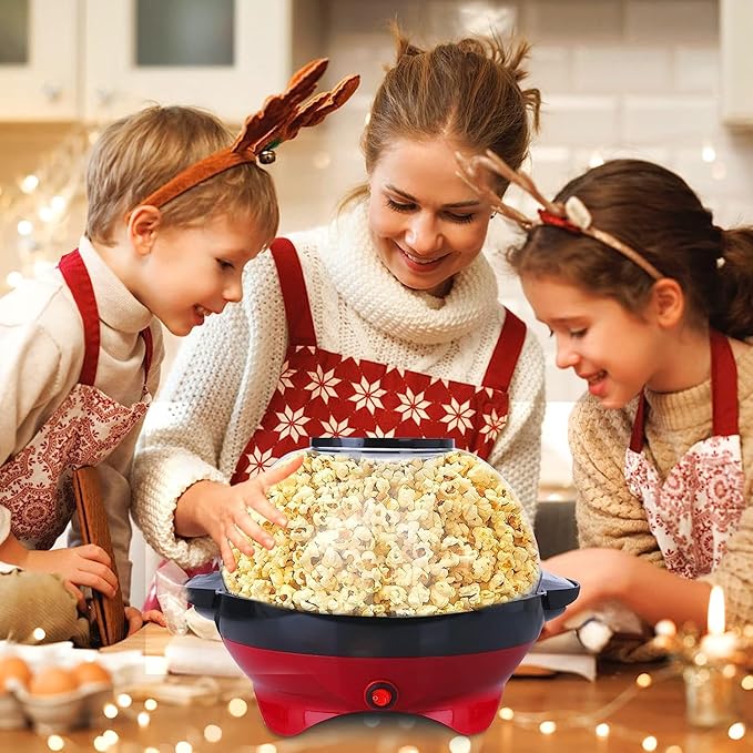 TLGREEN 6 Quart Popcorn Machine - 24 Cups, Stir Crazy Popcorn Popper Machine, Electric Hot Oil Popcorn Maker Machine, with Nonstick Plate & Stirring Rod, Large Lid as Serving Bowl and 2 Measuring Cups