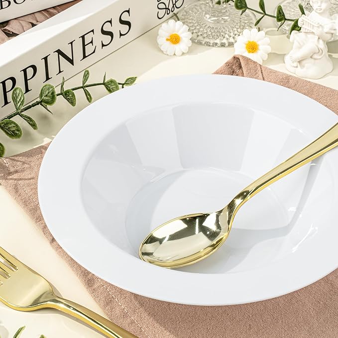BESTVIP 100 Pack White Plastic Bowls, 12 oz Disposable Soup Bowls, Heavy-duty Dessert Salad Bowl for Christmas, Thanksgiving, Party, Wedding, Dinner, Catering