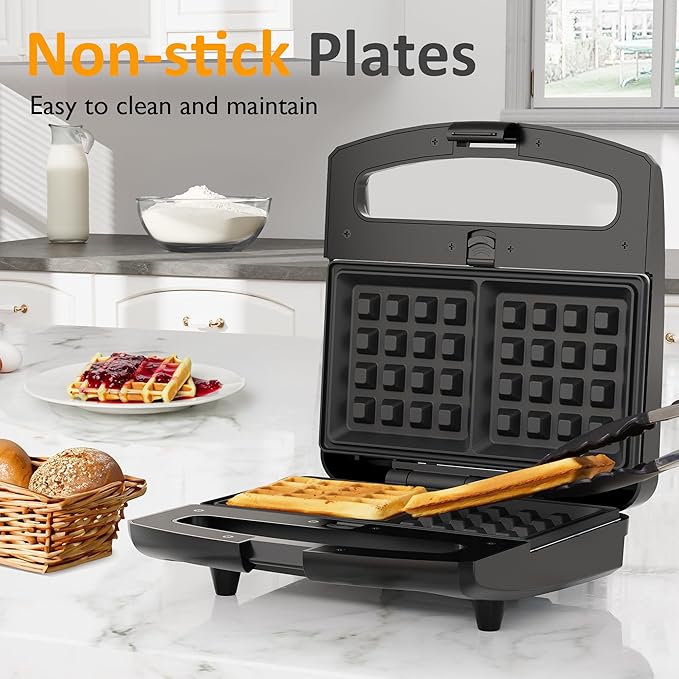 Sunvivi 3 in 1 Sandwich Maker, Electric Waffle Maker with Removable Non-stick Plates, 800W Panini Press Grill with Glass Top, Cool Touch Handle & Easy to Clean, Black