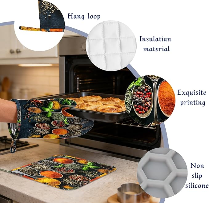 Oven Mitts and Pot Holders Sets Colorful Spices Silicone Kitchen Mits Potholders Cooking Herb Spoons Heat Resistant 4Pcs Oven Gloves Hot Pads for Baking Cooking BBQ Grilling Home Decor