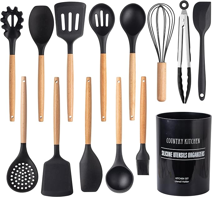 Country Kitchen Non Stick Silicone Utensil Set with Rounded Wood Handles for Cooking and Baking, 14 Piece Set, Black